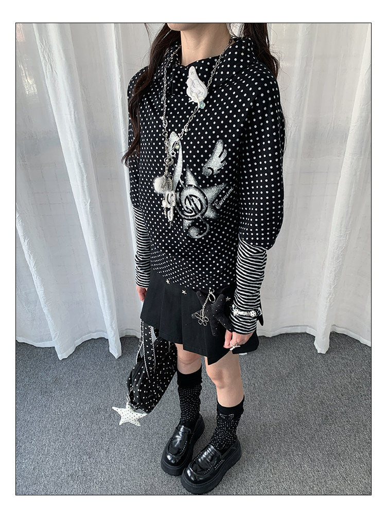 Polka Dot Collar Striped Layered Long Sleeve Top