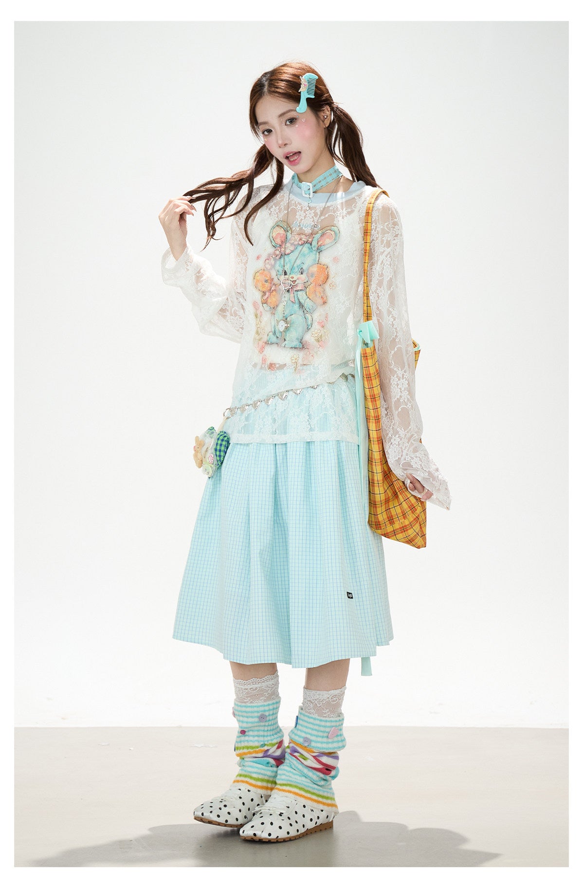 Bunny Sheer Lace Long Sleeve Top & Mint Plaid A-Line Skirt