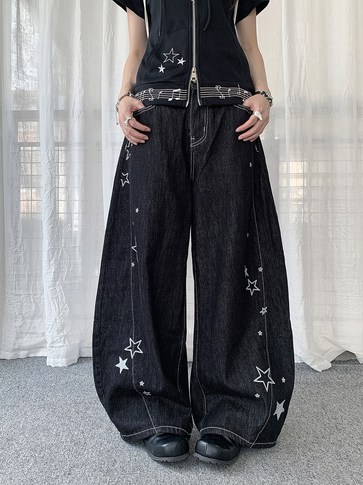 Star Embroidered Wide-Leg Jeans with Lace Overskirt