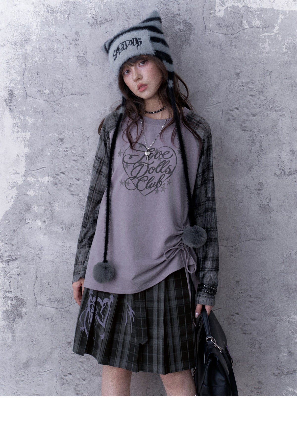 Double-Waist Graphic Plaid Pleated Midi Skirt