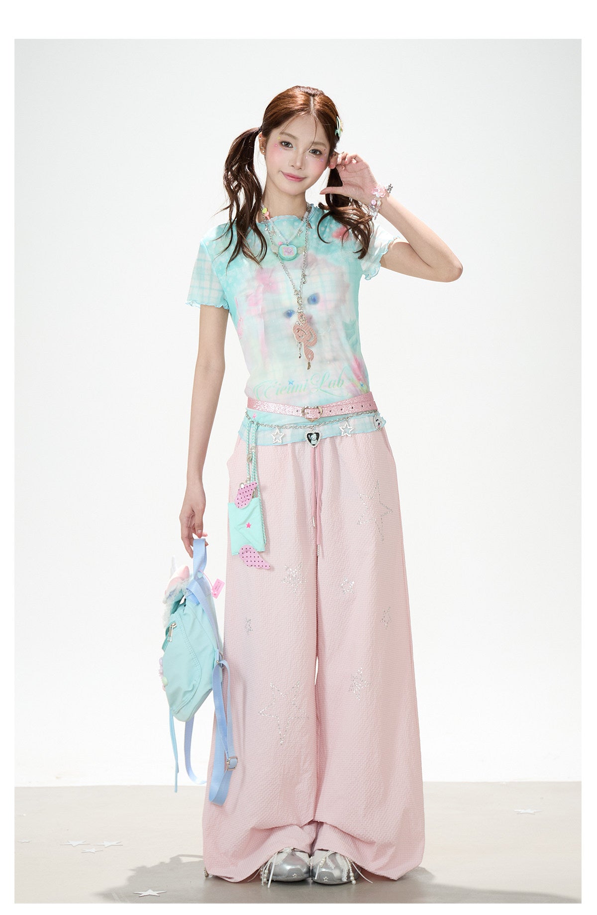 Pastel Cat Mesh Tee & Pink Star Wide-Leg Pants