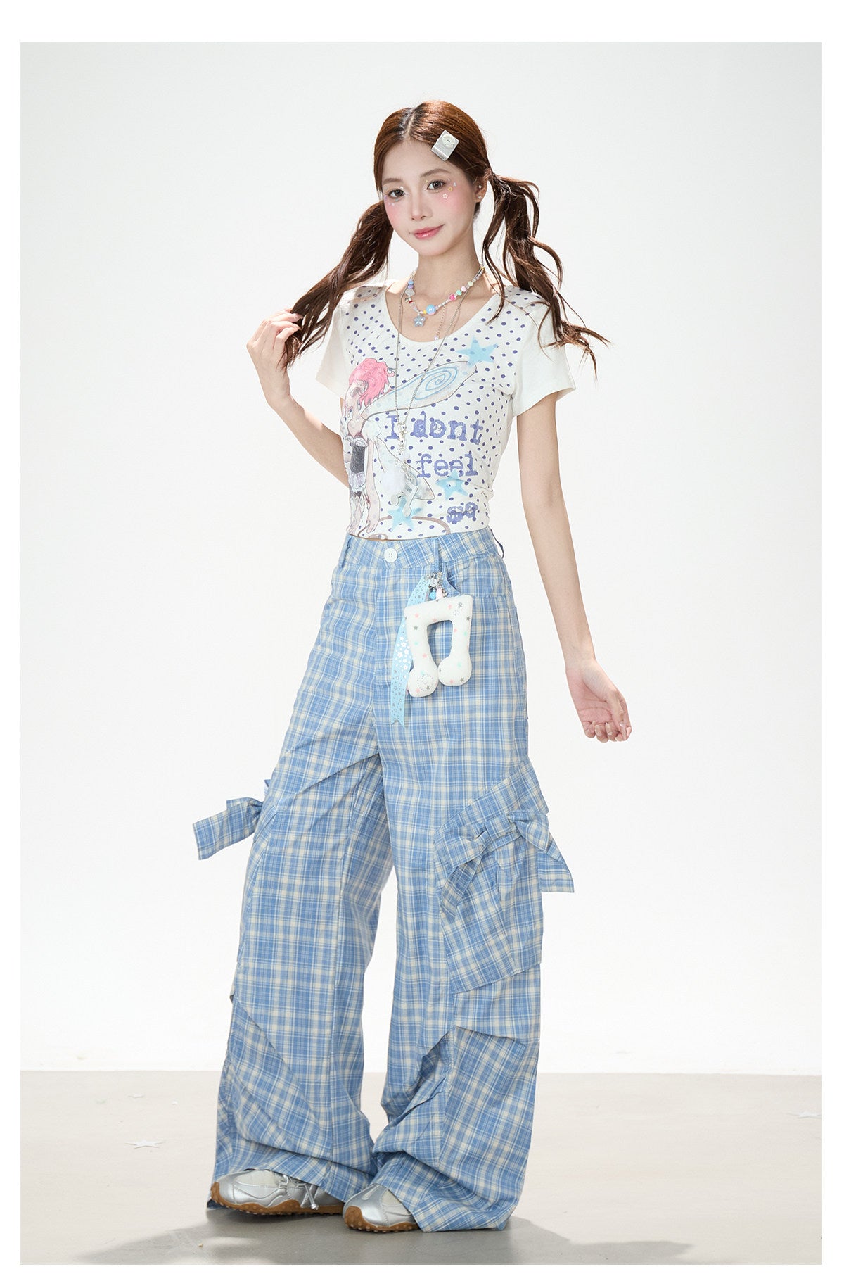 Bow Plaid Cargo Wide Leg Pants