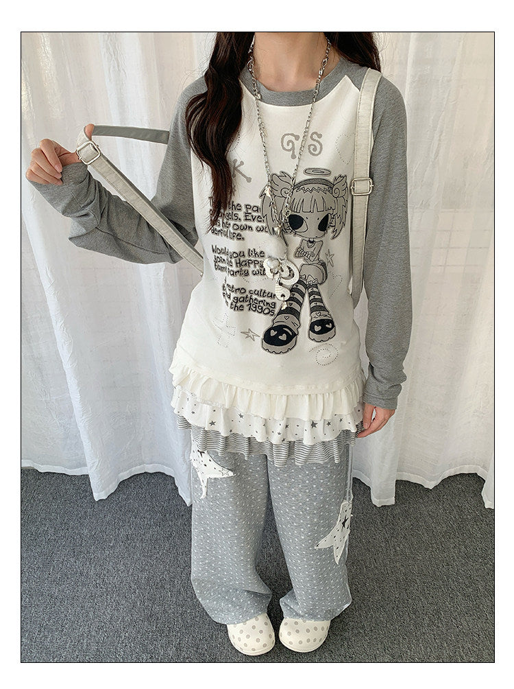 Angel Girl Graphic Raglan Ruffle Long Sleeve Top