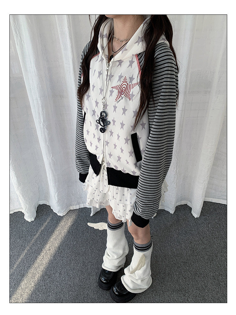 Star & Stripe Patchwork Zip-Up Hoodie