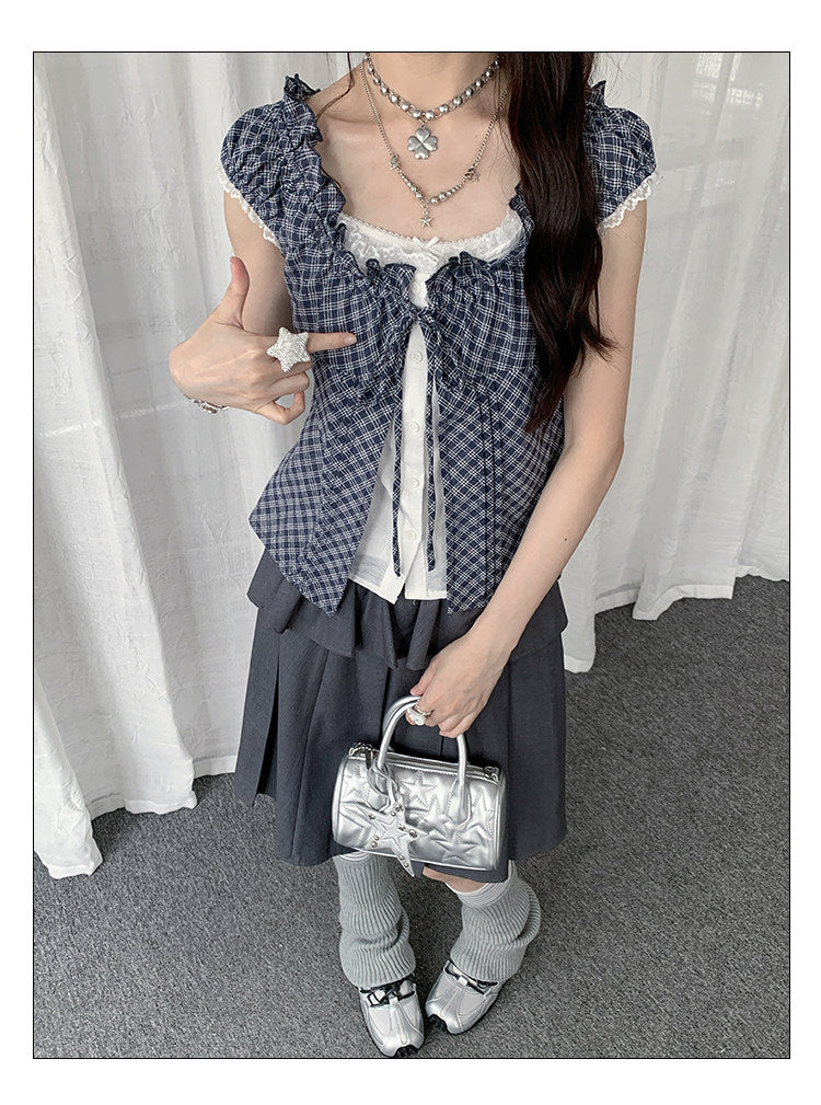 Gray Plaid Tie-Front Layered Puff-Sleeve Top