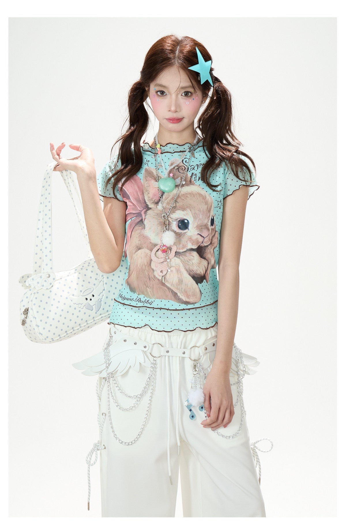 Ribbon Bunny Polka Dot Lettuce-Edge Tee