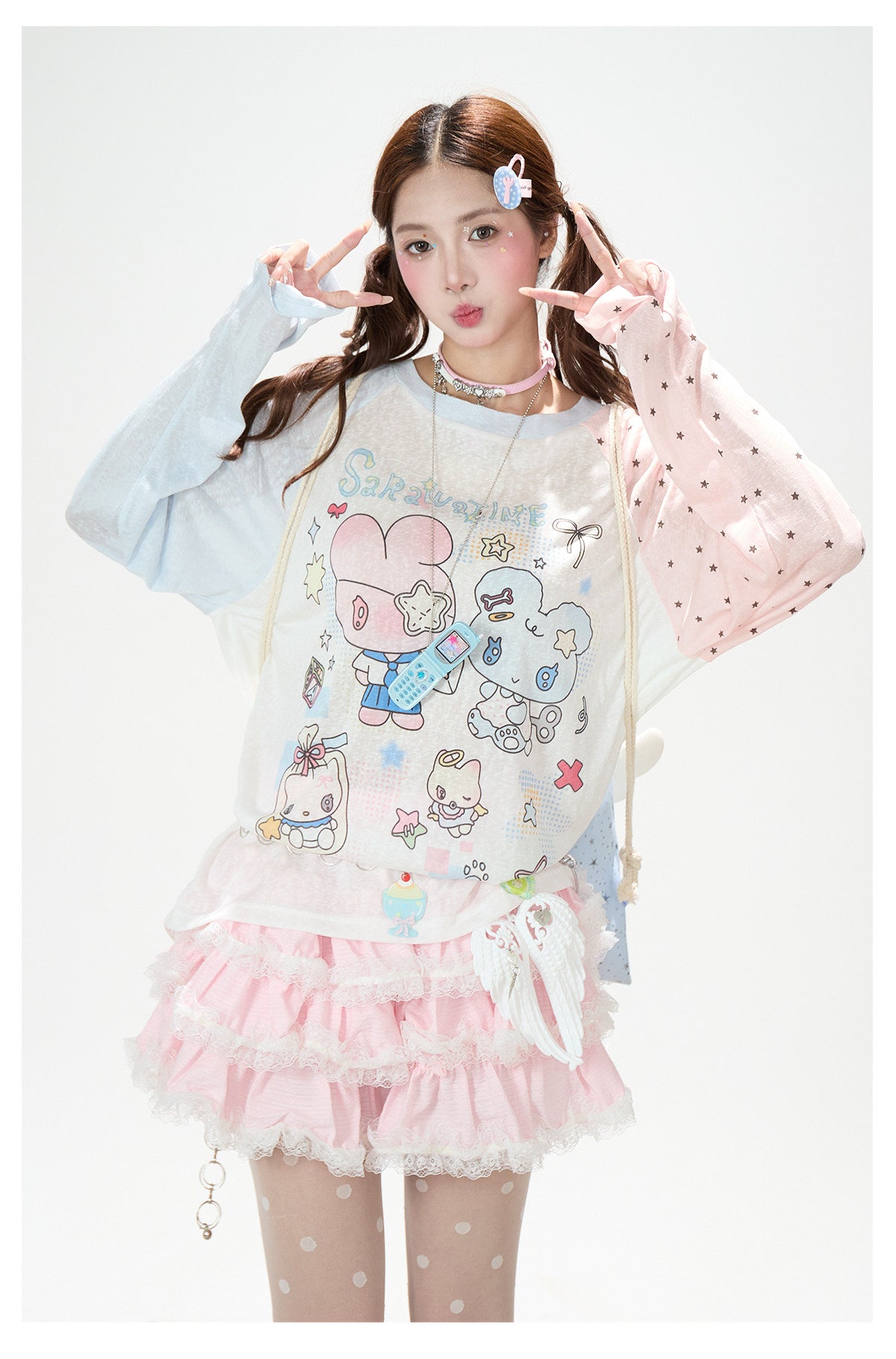 Cartoon Star Sheer Long Sleeve Top & Black Music Lace Gingham Mini Skirt