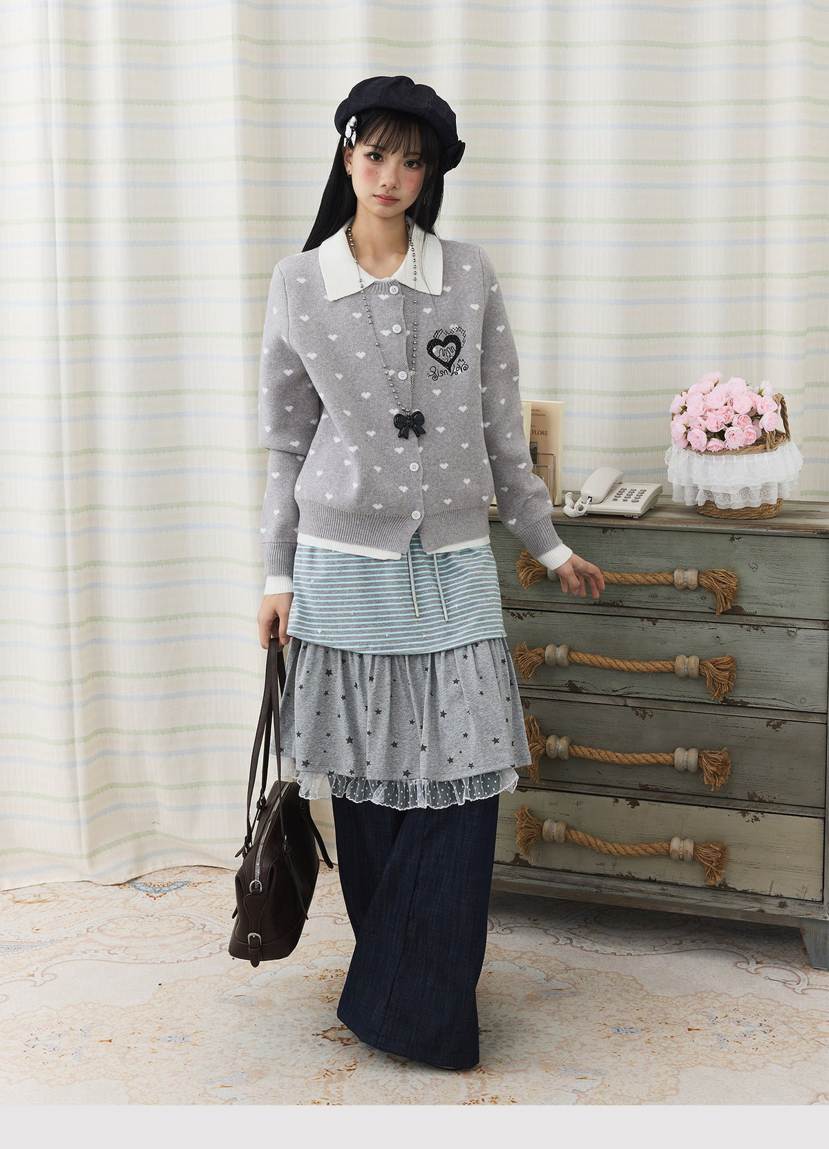 Star Stripe Layered Skirt Wide-Leg Pants