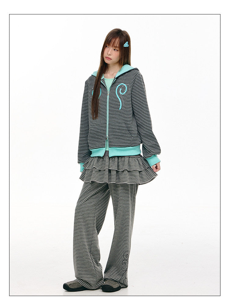 Mint Contrast Stripe Double-Zip Hoodie