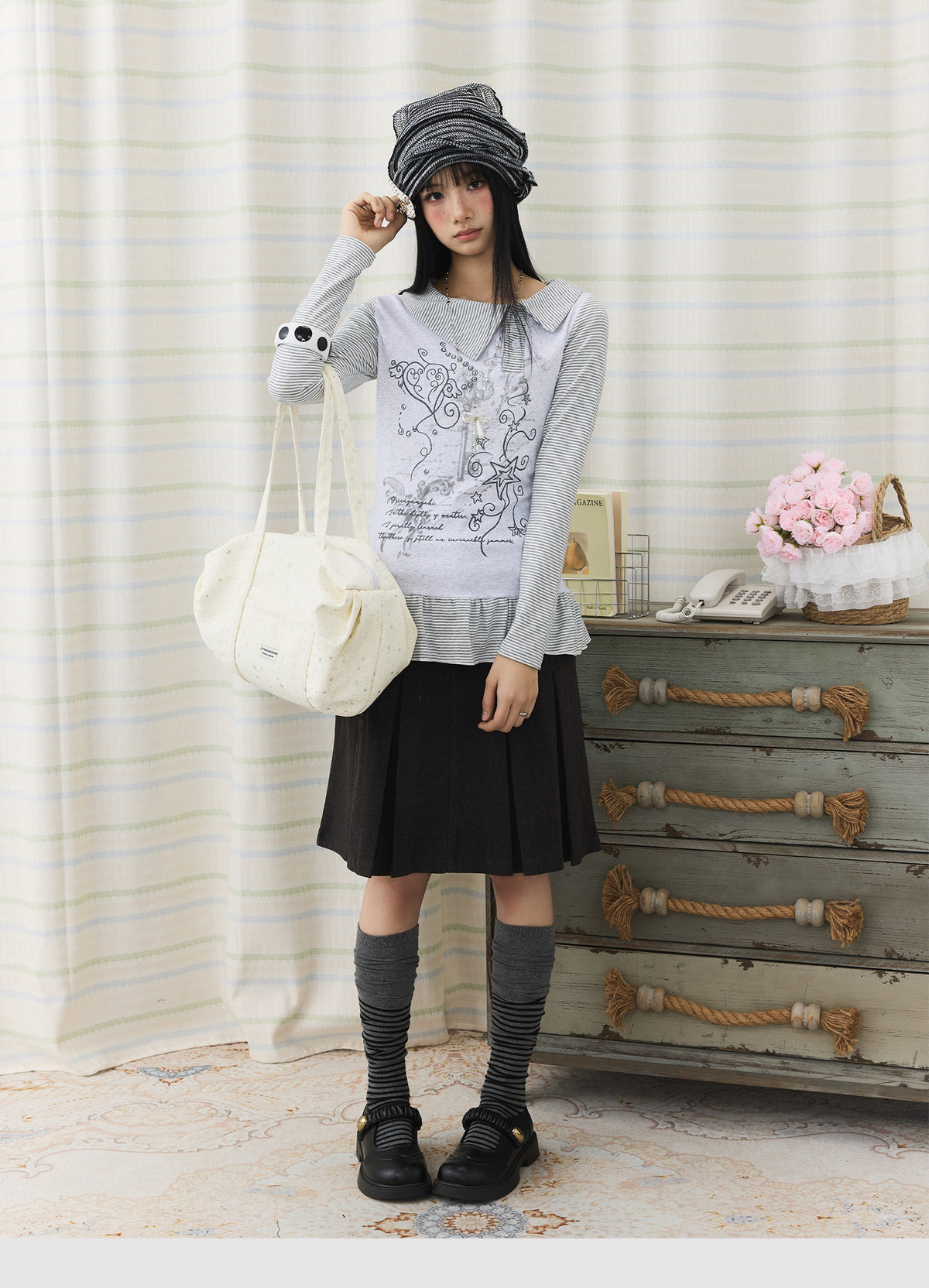 Graphic Stripe Faux-Layer Ruffle-Hem Long Sleeve Top