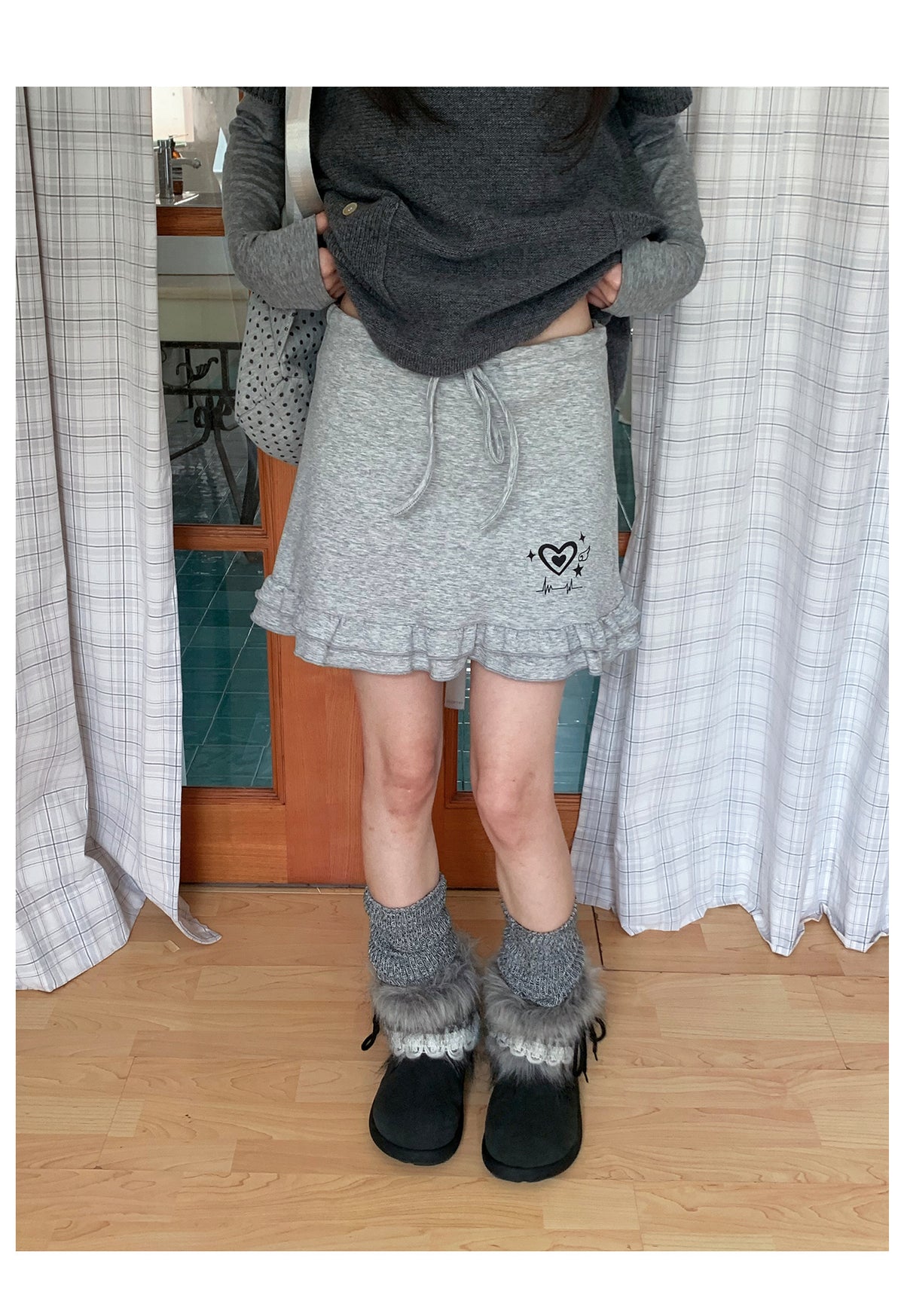Heart Pulse Drawstring Ruffle Mini Skirt