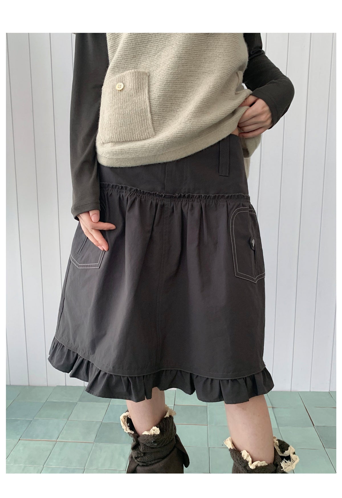 Contrast-Stitch Ruffle-Hem Utility Mini Skirt