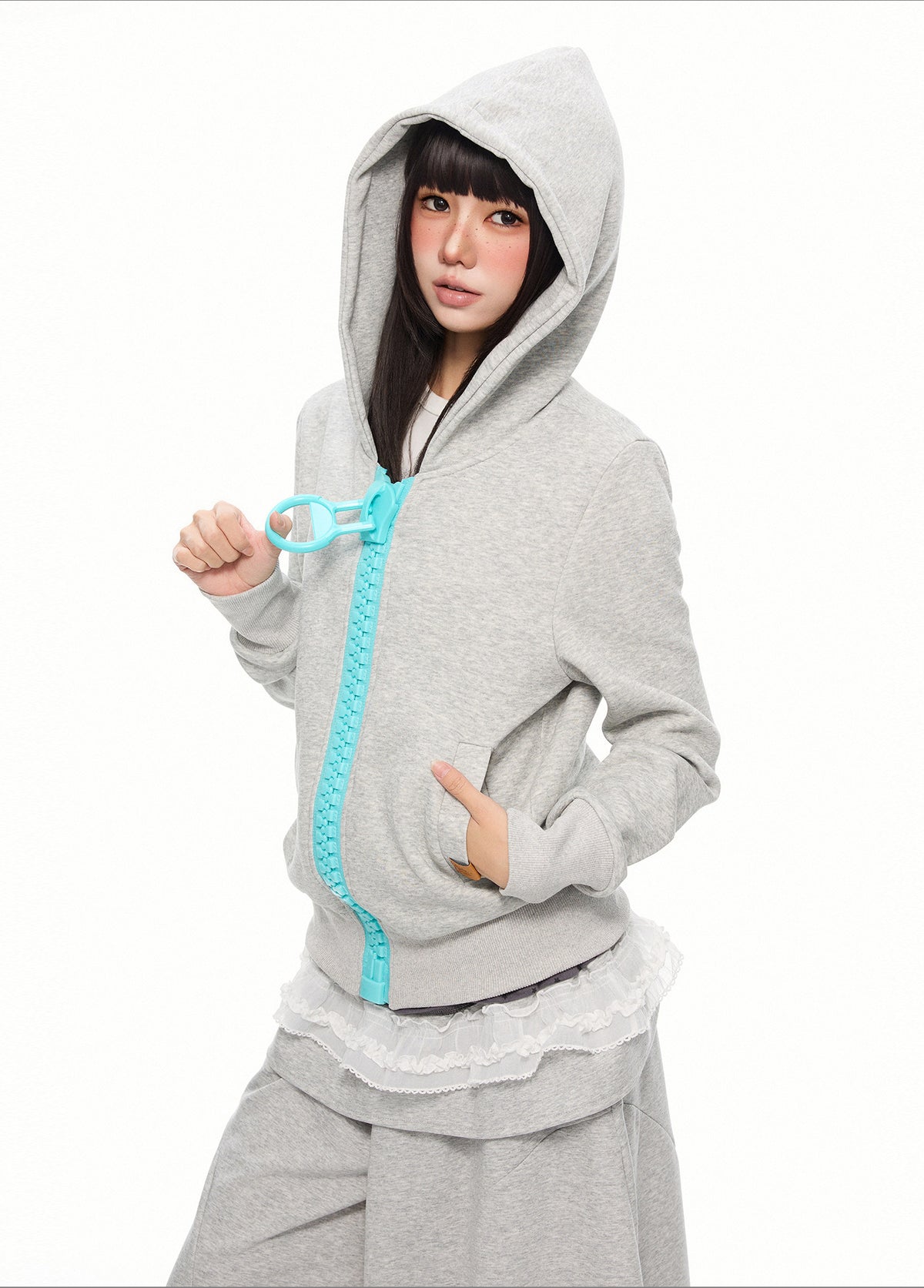 Oversized Contrast-Zip Hoodie