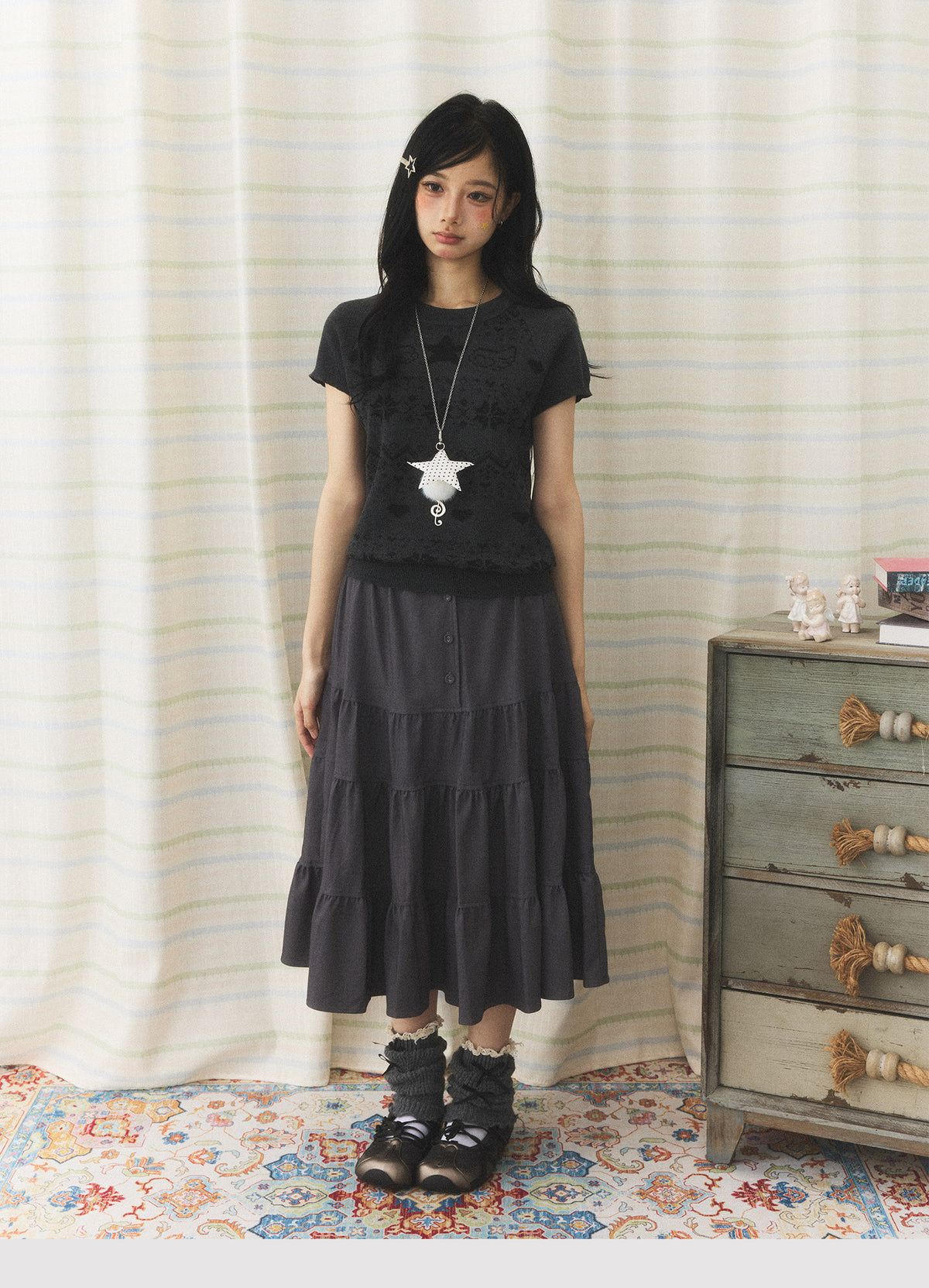 Charcoal Tiered Button Midi Skirt