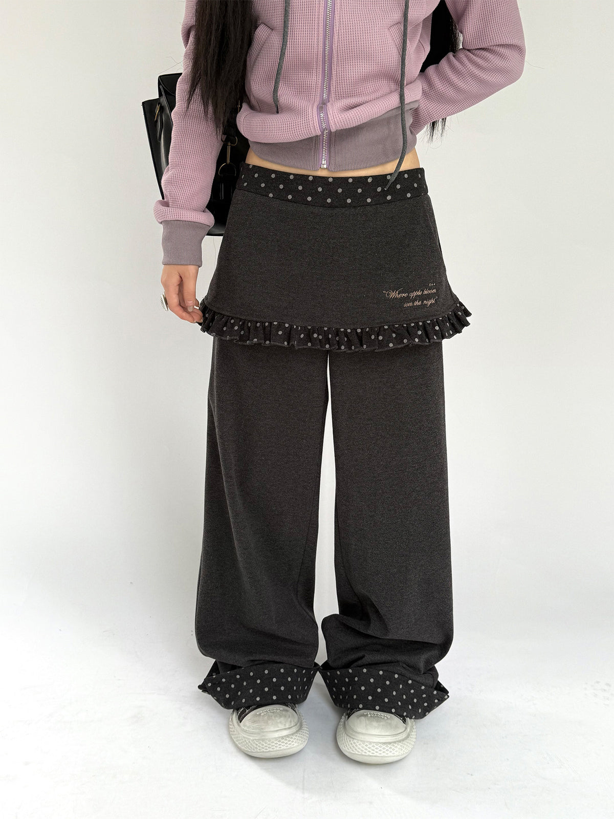 Charcoal Polka Dot Faux-Layer Wide-Leg Pants