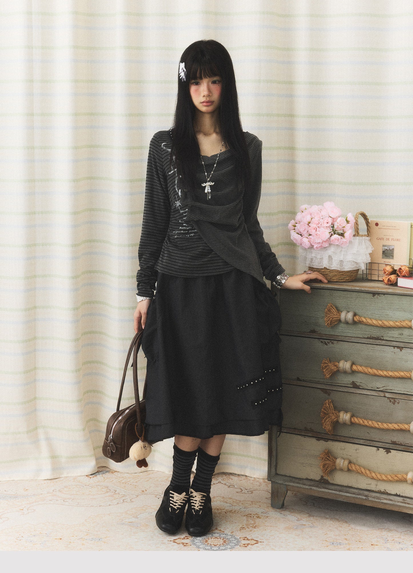 Charcoal Stripe Studded Draped-Neck Long-Sleeve Top