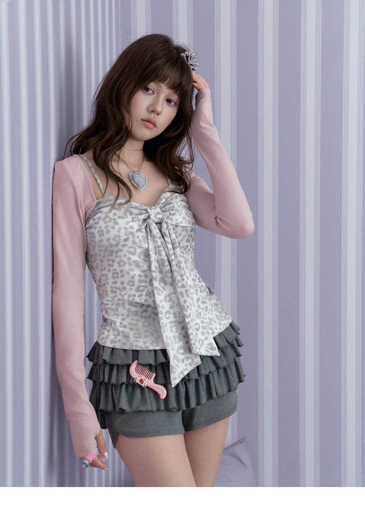 Pink Leopard Bow Faux-Layered Long-Sleeve Top