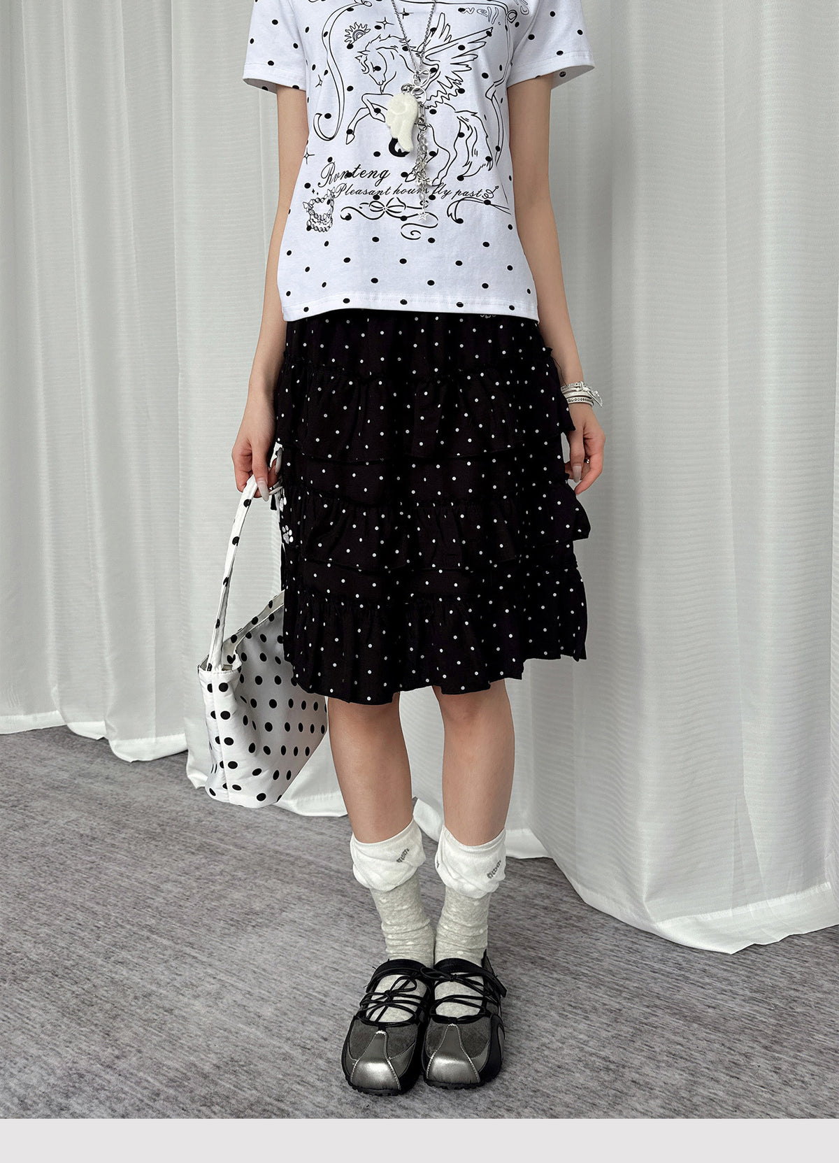 Paw Embroidered Polka Dot Tiered Midi Skirt