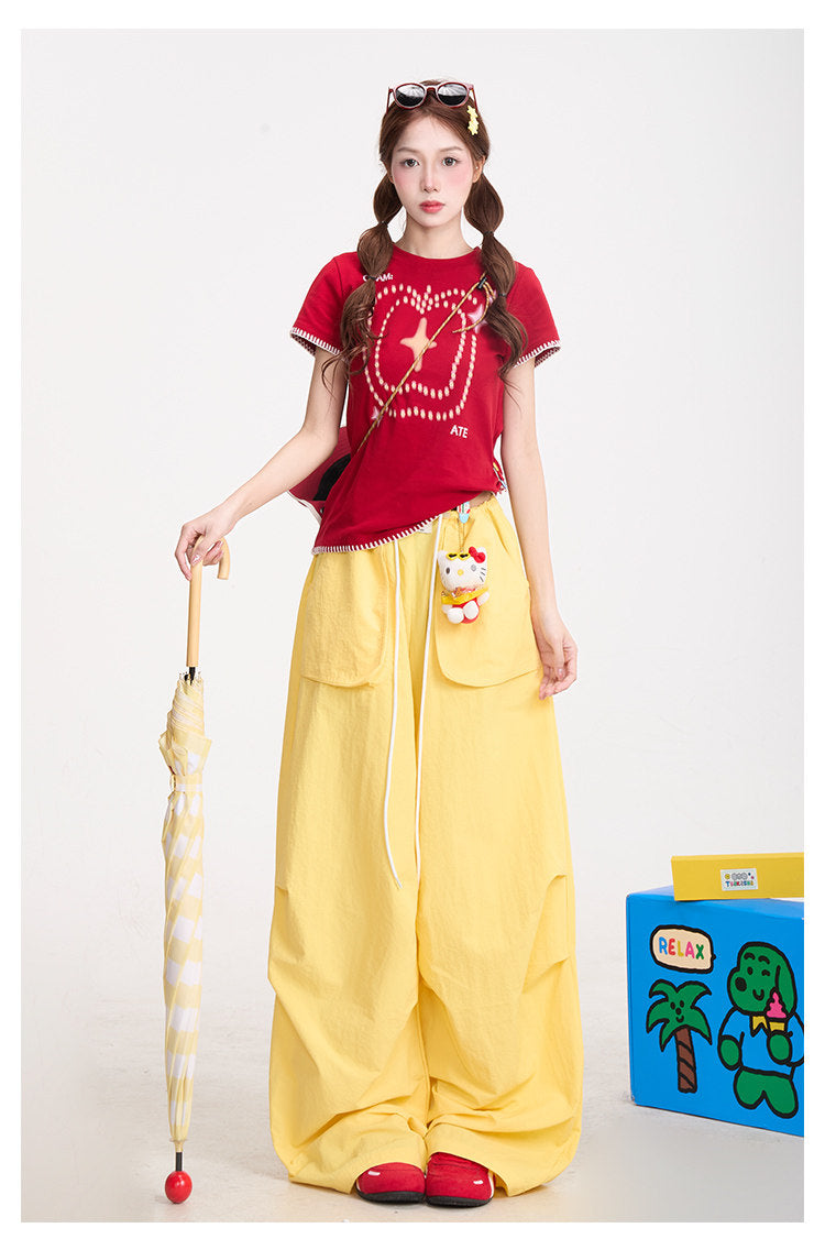 Red Star Baby Tee & Yellow Wide-Leg Pants