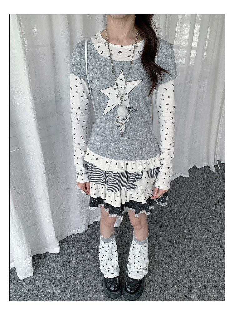 Star Appliqué Layered Long Sleeve Top