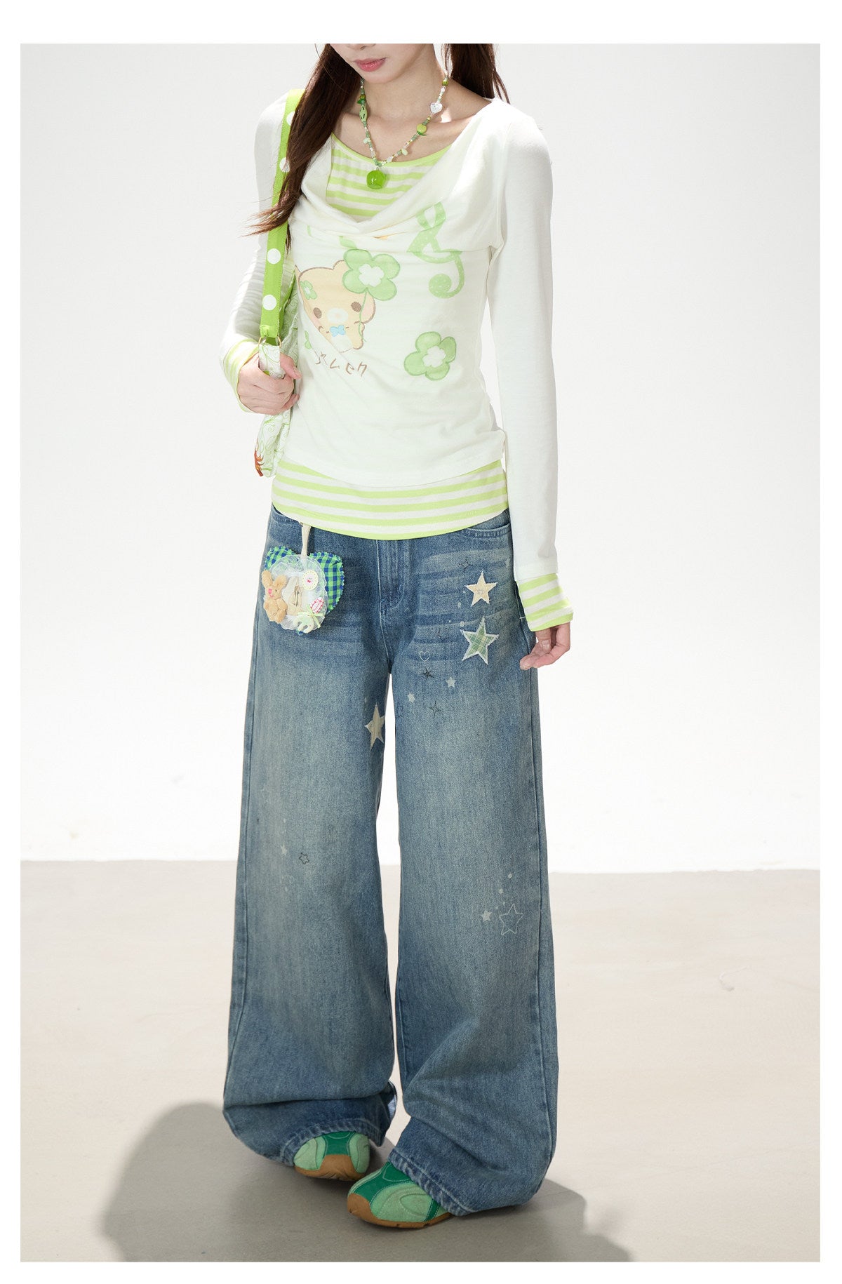 Vintage Washed Star Print Wide-Leg Jeans