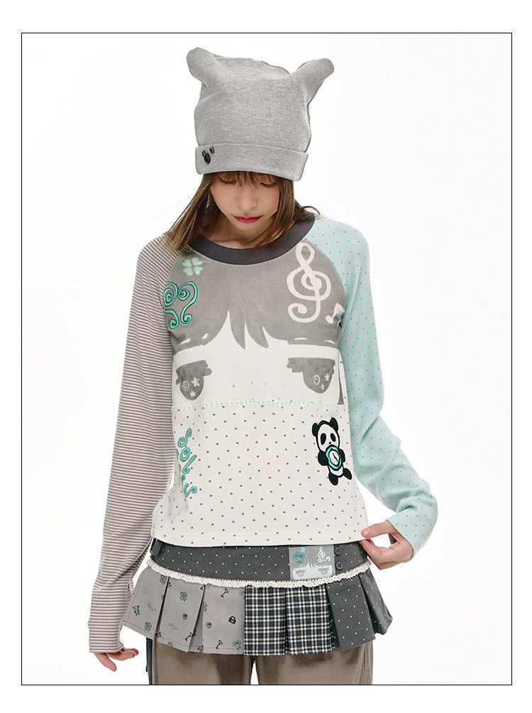 Mint Polka Dot Contrast-Sleeve Graphic Long Sleeve Top