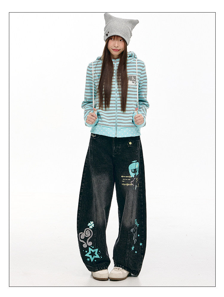 Mint & Gray Stripe Cat-Ear Zip Hoodie