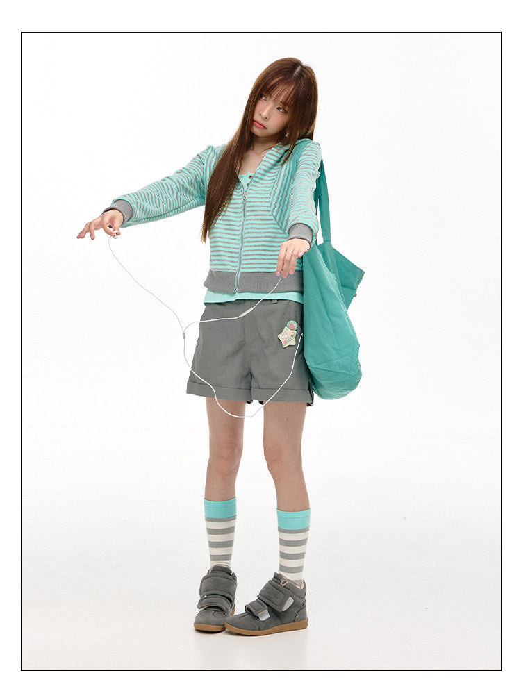 Mint Stripe Devil-Horn Zip-Up Hoodie