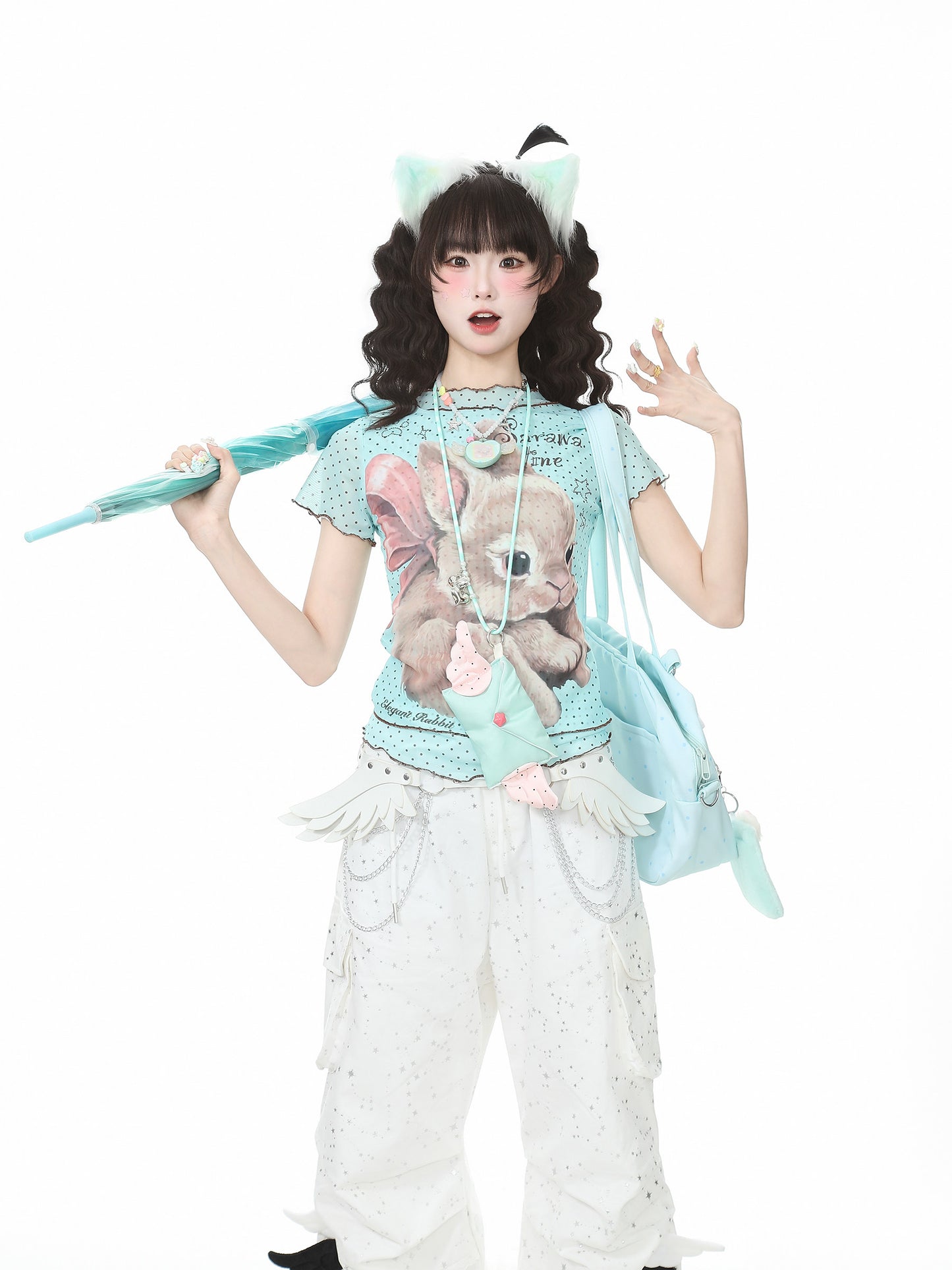 Ribbon Bunny Polka Dot Lettuce-Edge Tee