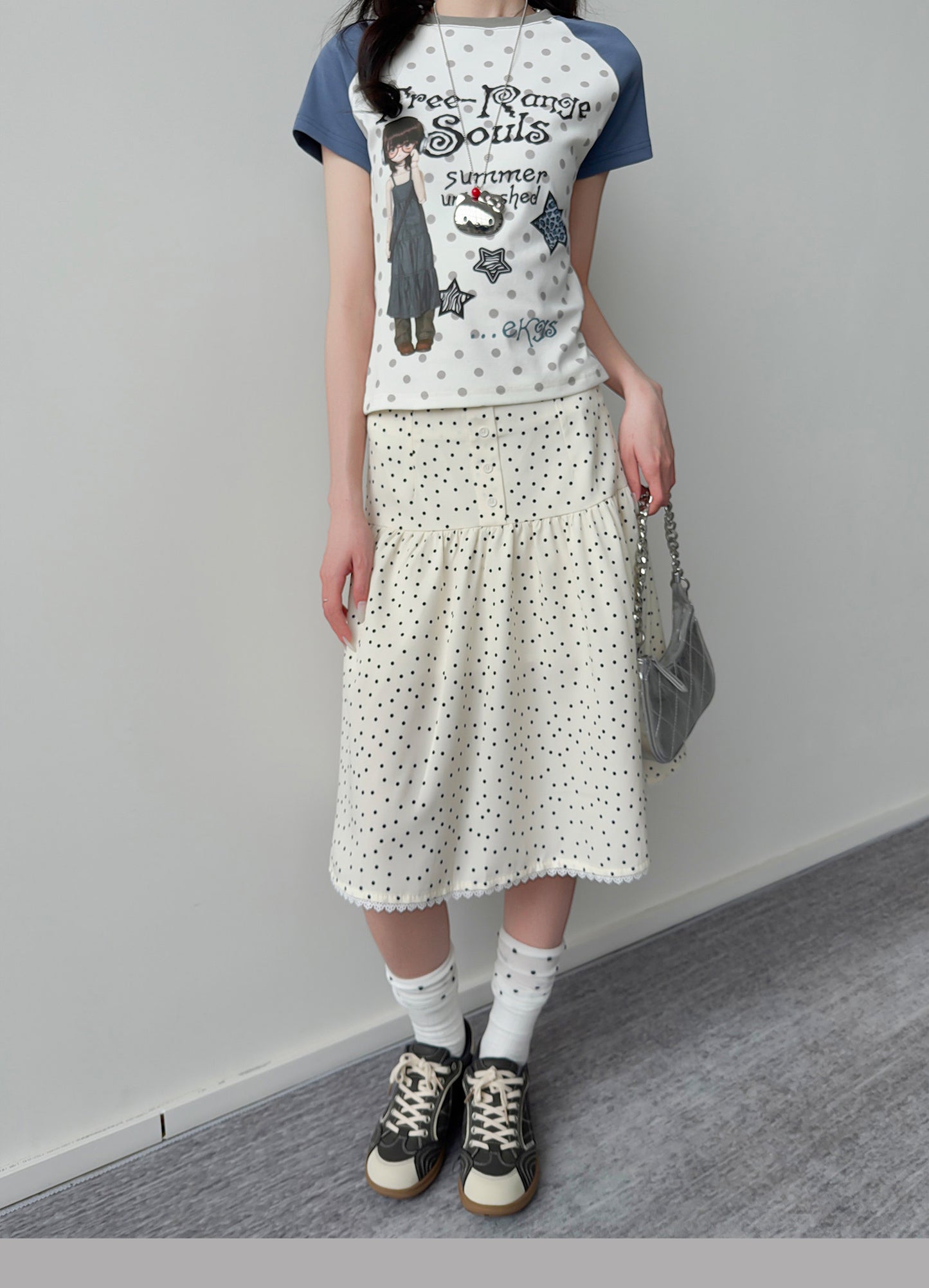 Polka Dot Button Tiered Midi Skirt