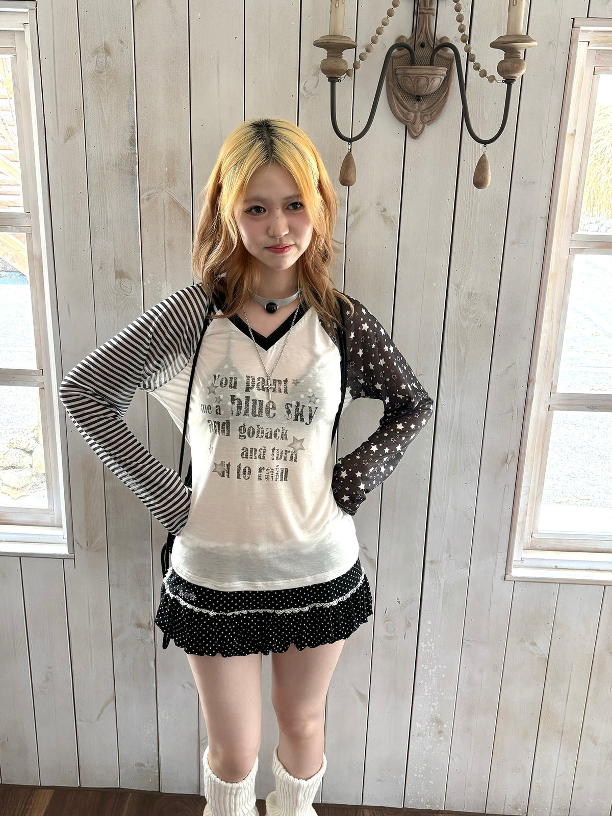 Star Mesh Stripe Contrast Lyocell Long Sleeve Top