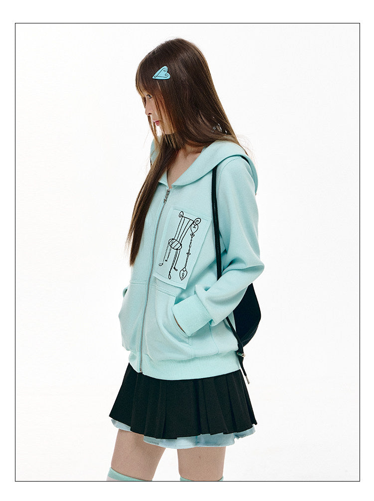 Mint Sailor-Collar Graphic Zip-Up Jacket