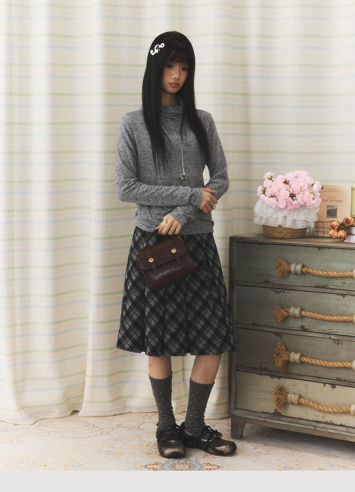 Polka Dot Mock-Neck Long Sleeve Top