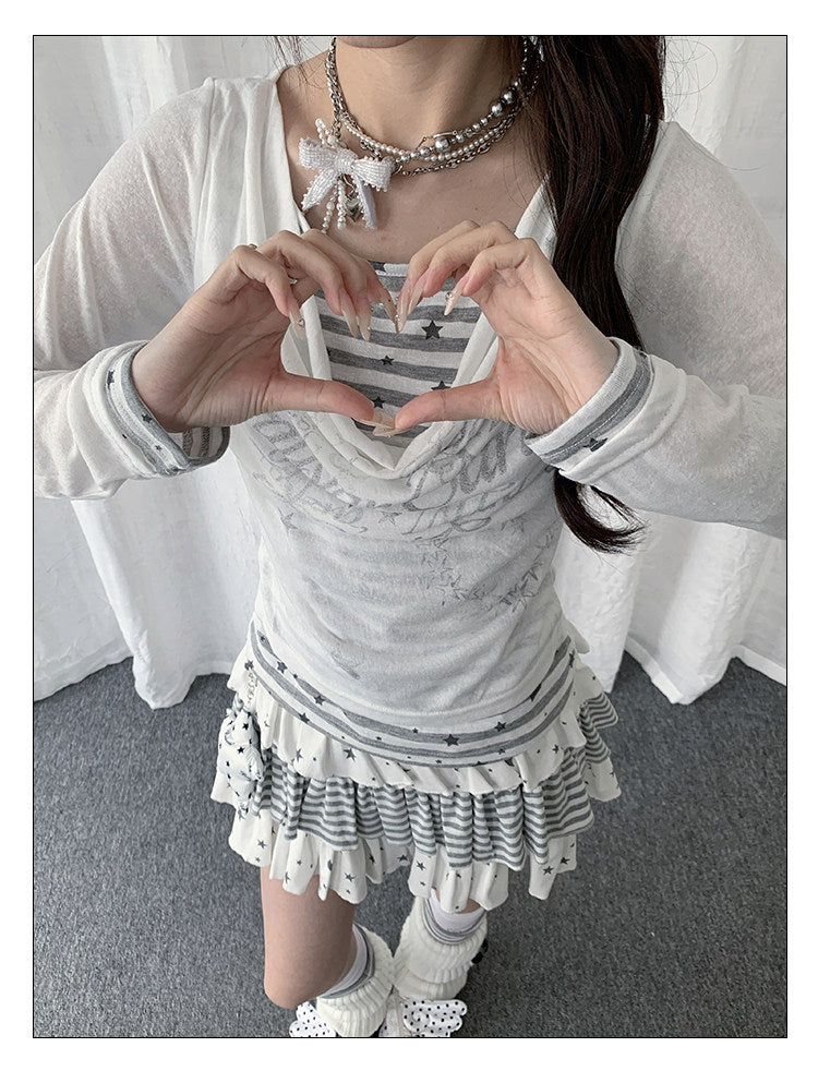 【rejio】Drape-Neck Fake-Layered Startop (Weiß / Schwarz)