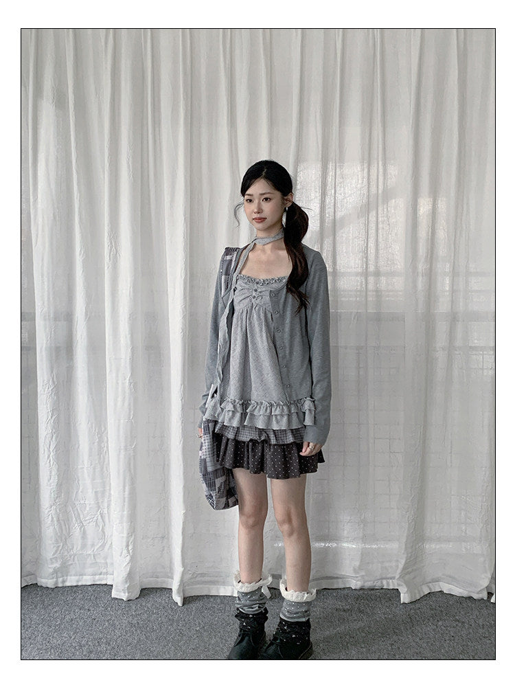 Ruffle Cami & Soft Cardigan Two-Piece Layered Top Set