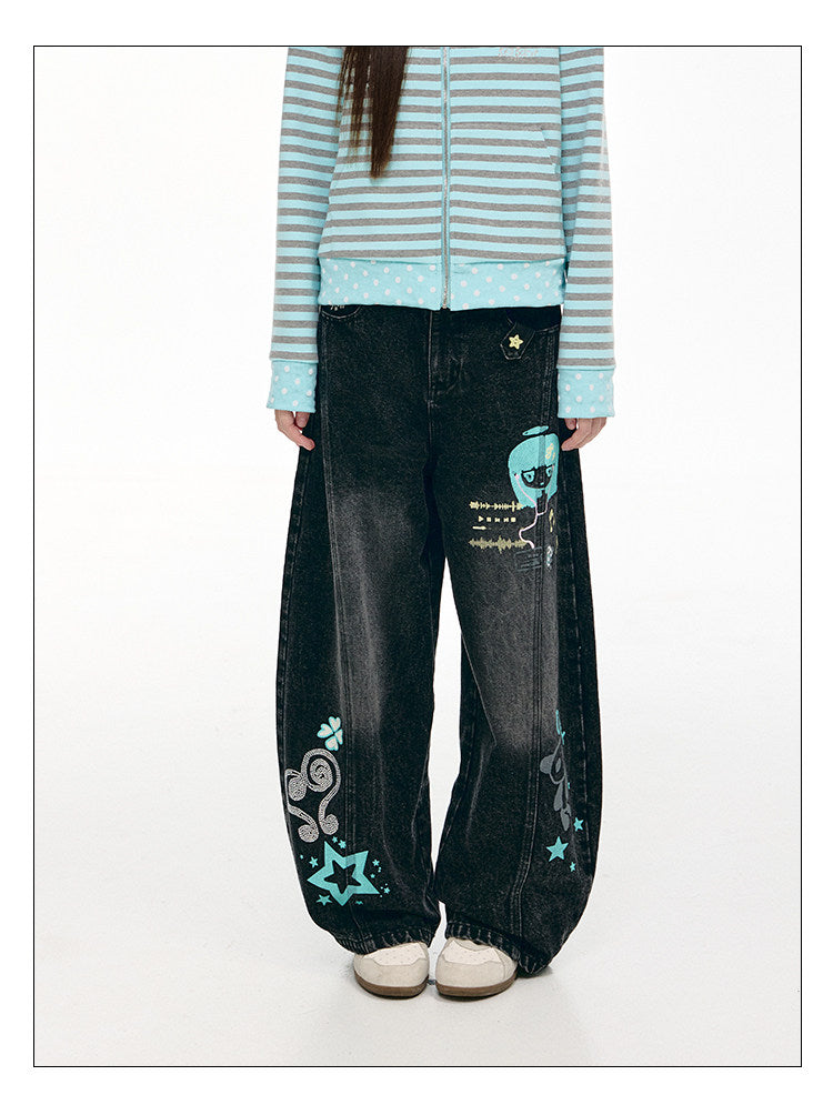 Washed Black Cartoon Music Note Barrel-Leg Jeans