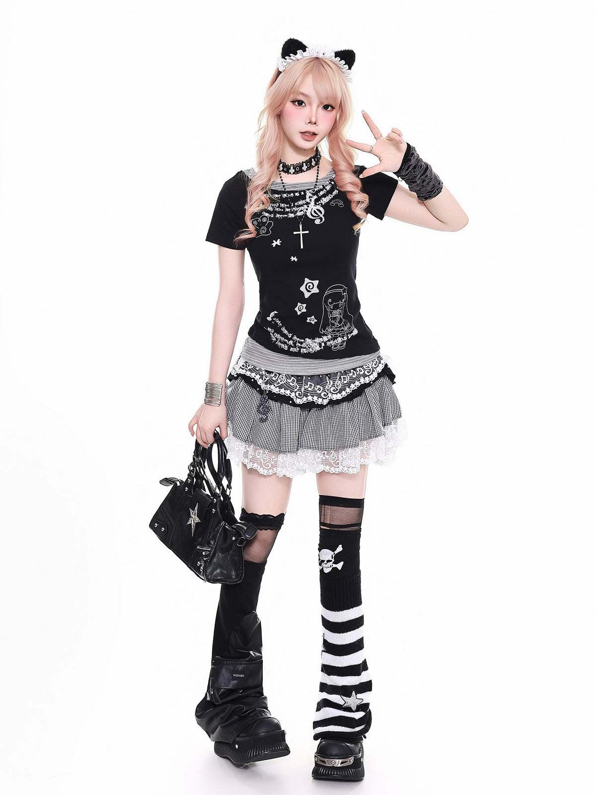 Polka Dot Faux Layered Graphic Tee & Music Lace Gingham Mini Skirt