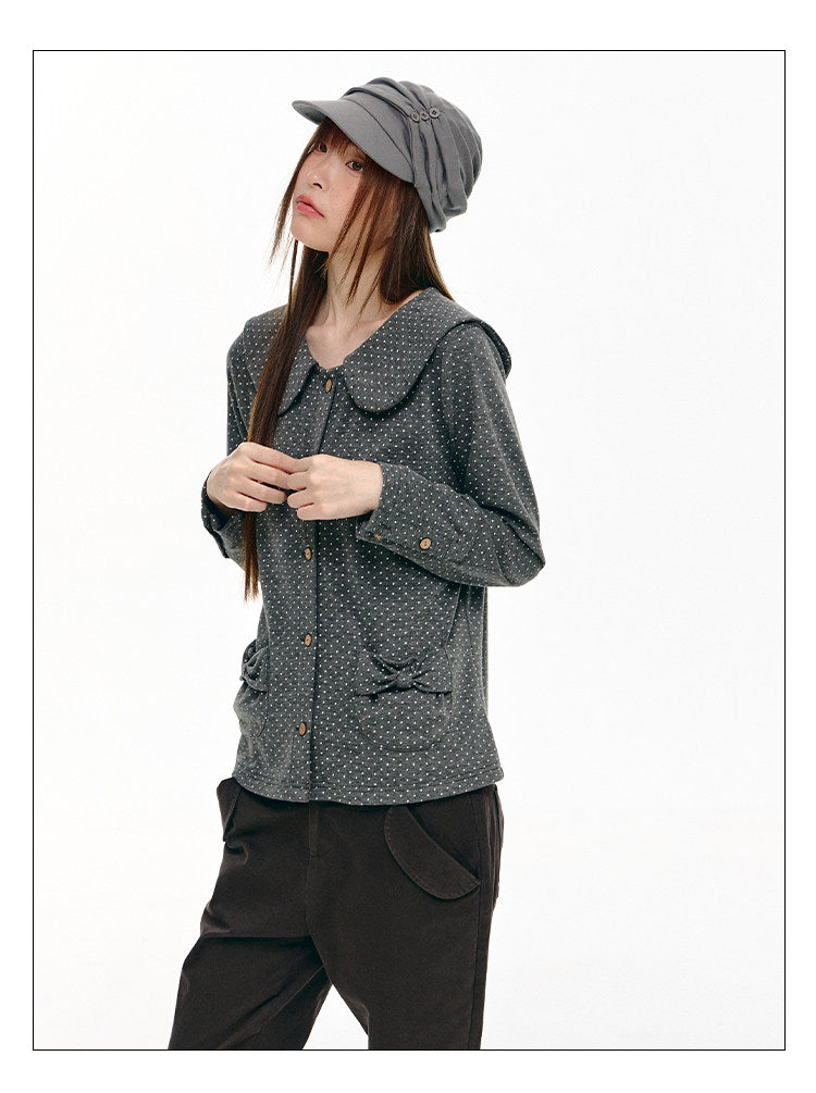 Charcoal Polka Dot Peter Pan Collar Button Shirt