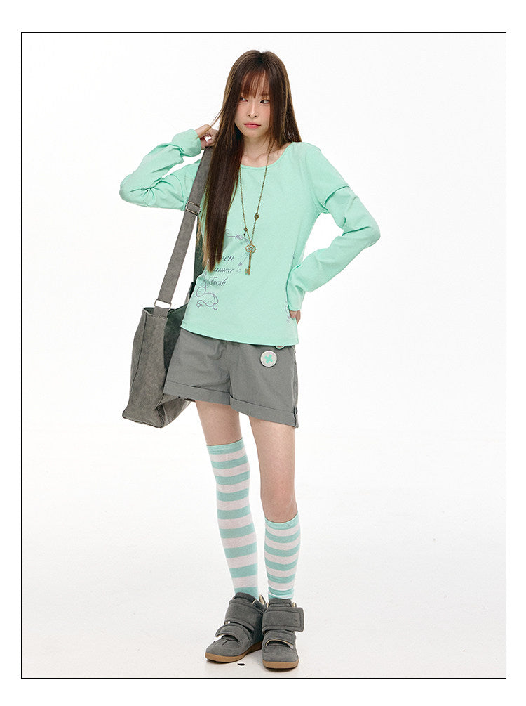 Mint Haze Faux-Layer Graphic Long Sleeve Top