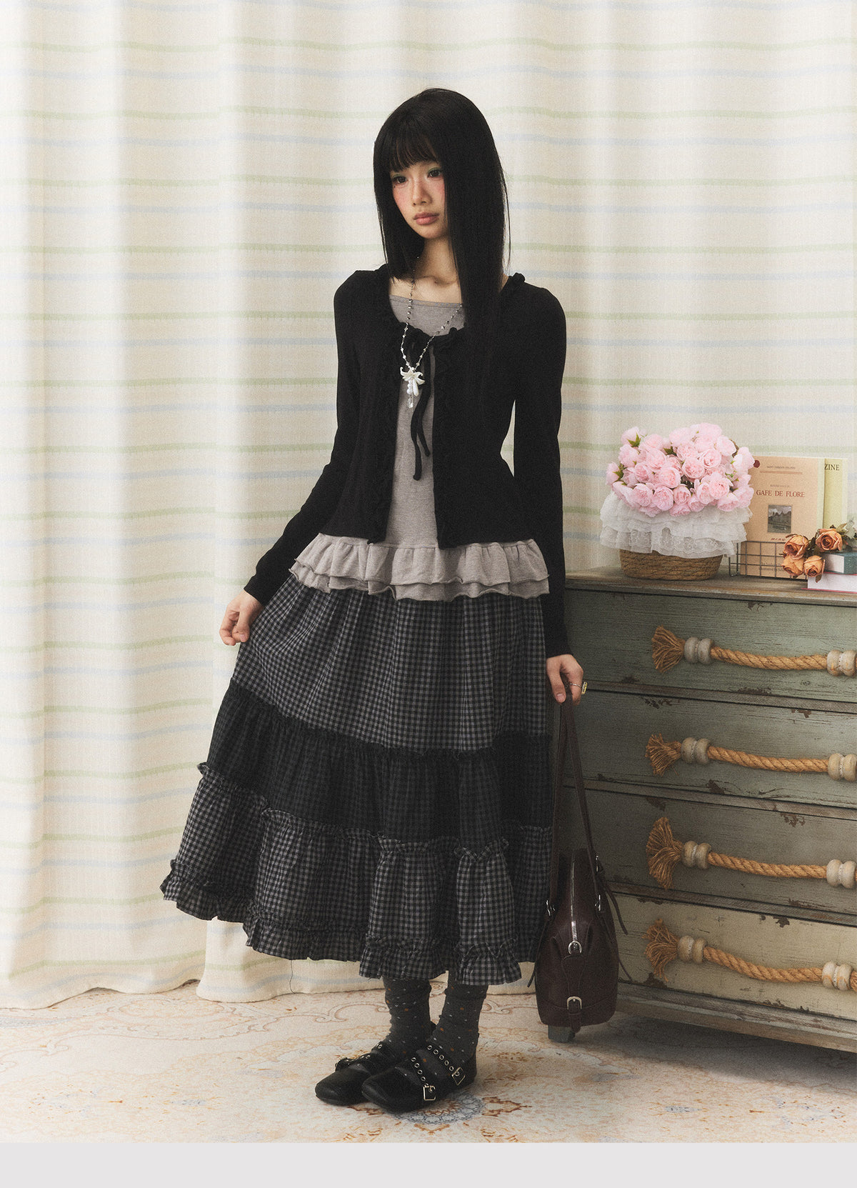 Mixed Plaid Tiered Ruffle Midi Skirt
