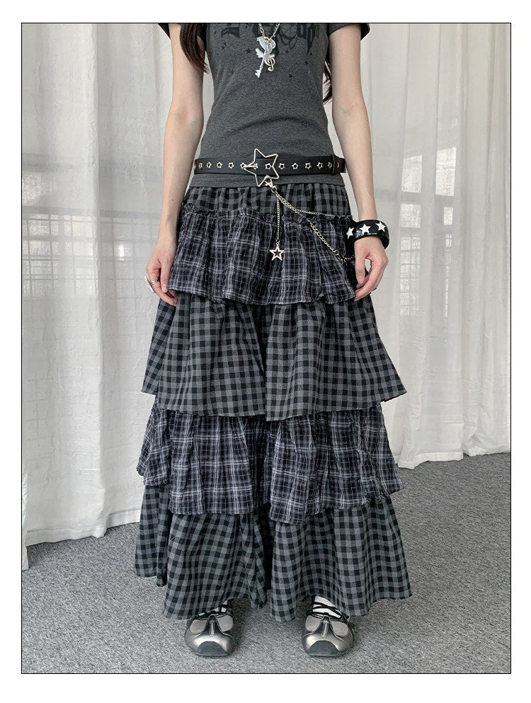 Plaid Patchwork Tiered Maxi Skirt