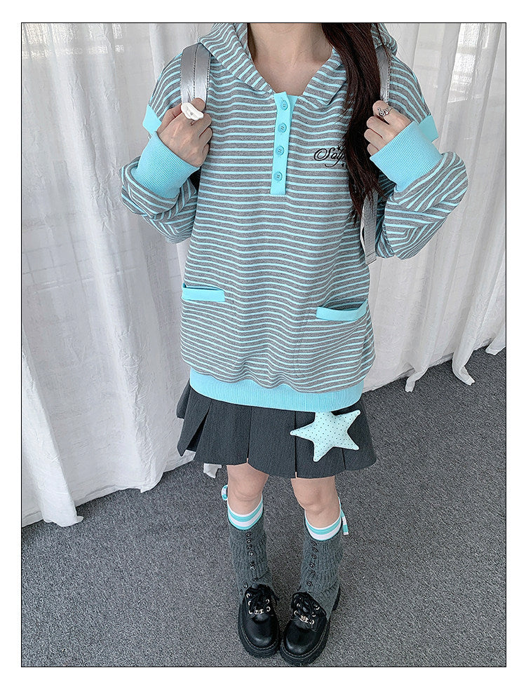 Striped Half-Placket Hooded Pullover
