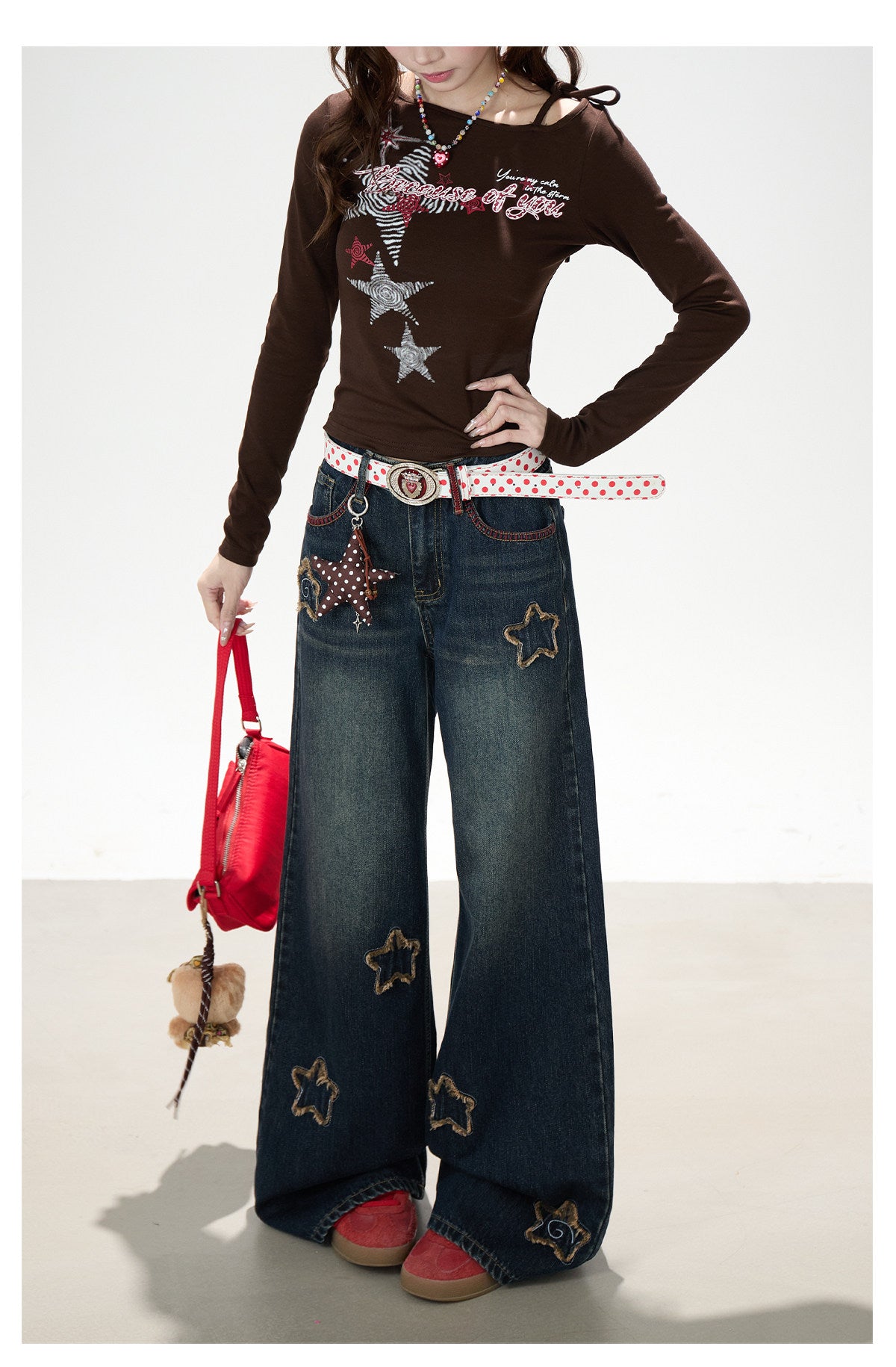 Frayed Star Patch Washed Wide-Leg Jeans