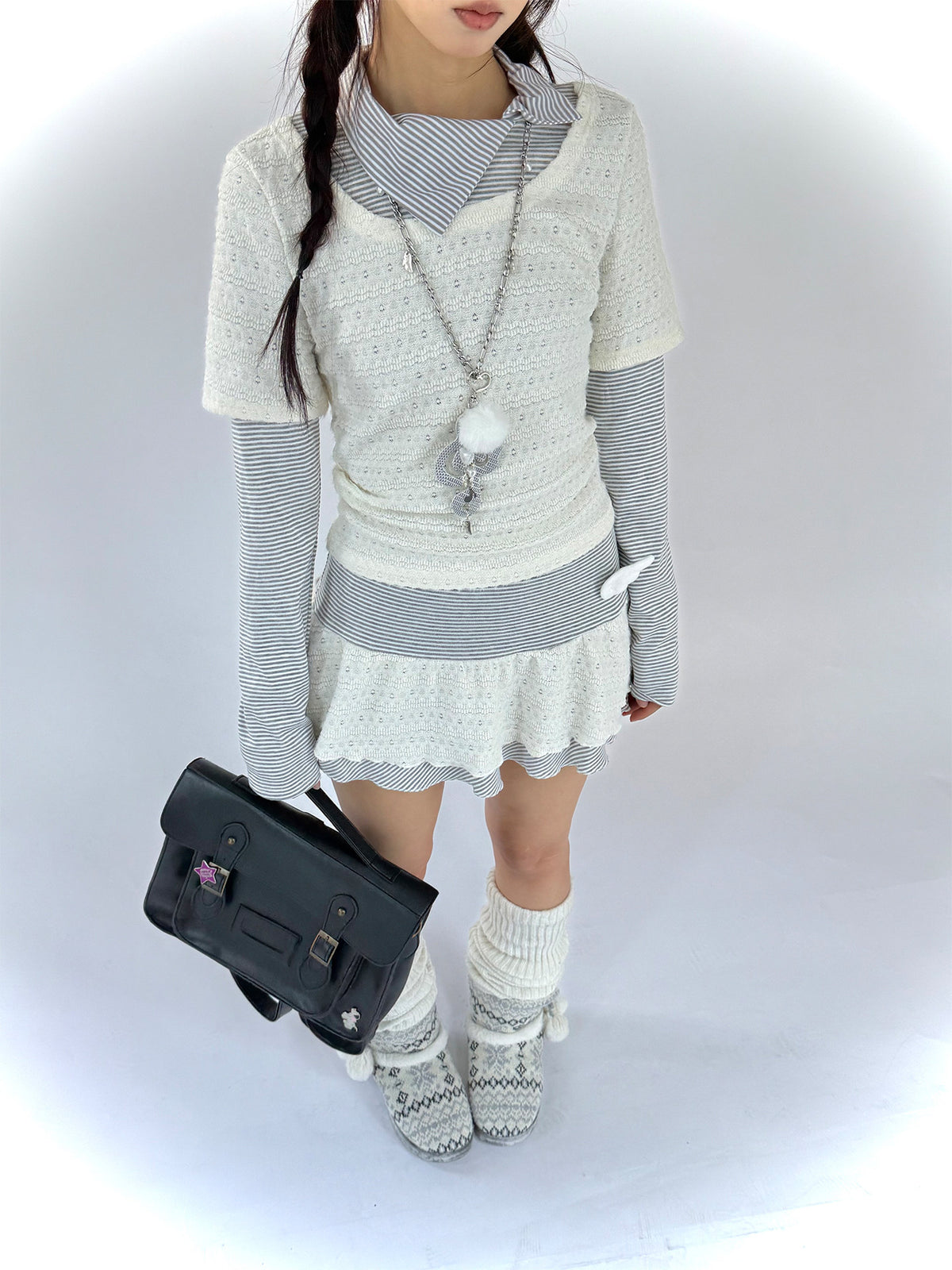 Milk Mist Lace & Stripe Faux-Layer Mini Dress