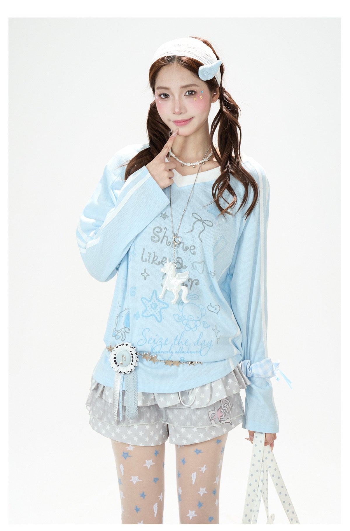 Dreamy Doodle V-Neck Long Sleeve Top & Polka Dot Tiered Ruffle Skirt