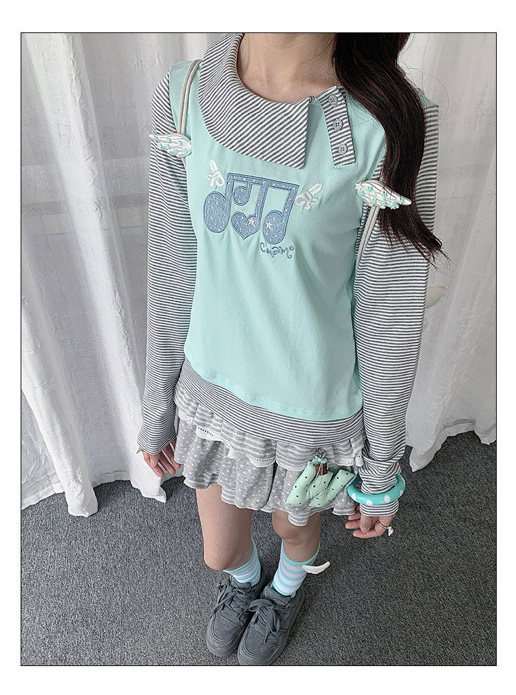 Music Note Embroidered Faux-Layered Long Sleeve Top