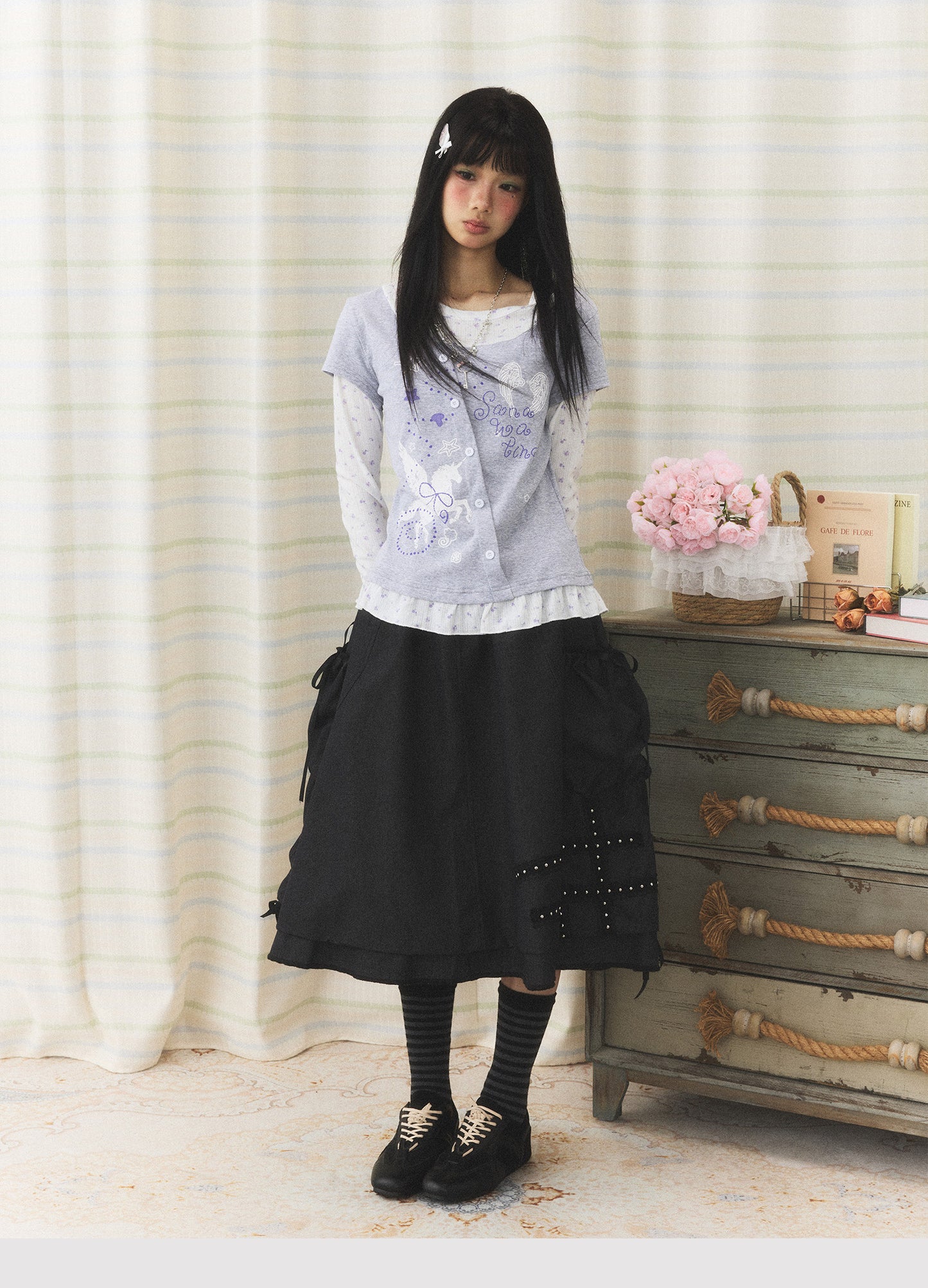 Lavender Wing Floral Faux-Layer Long-Sleeve Tee