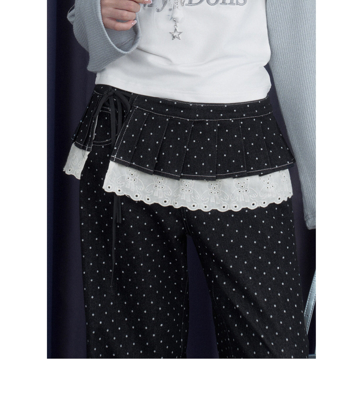 Polka Dot Wide-Leg Jeans & Detachable Lace Layering Skirt