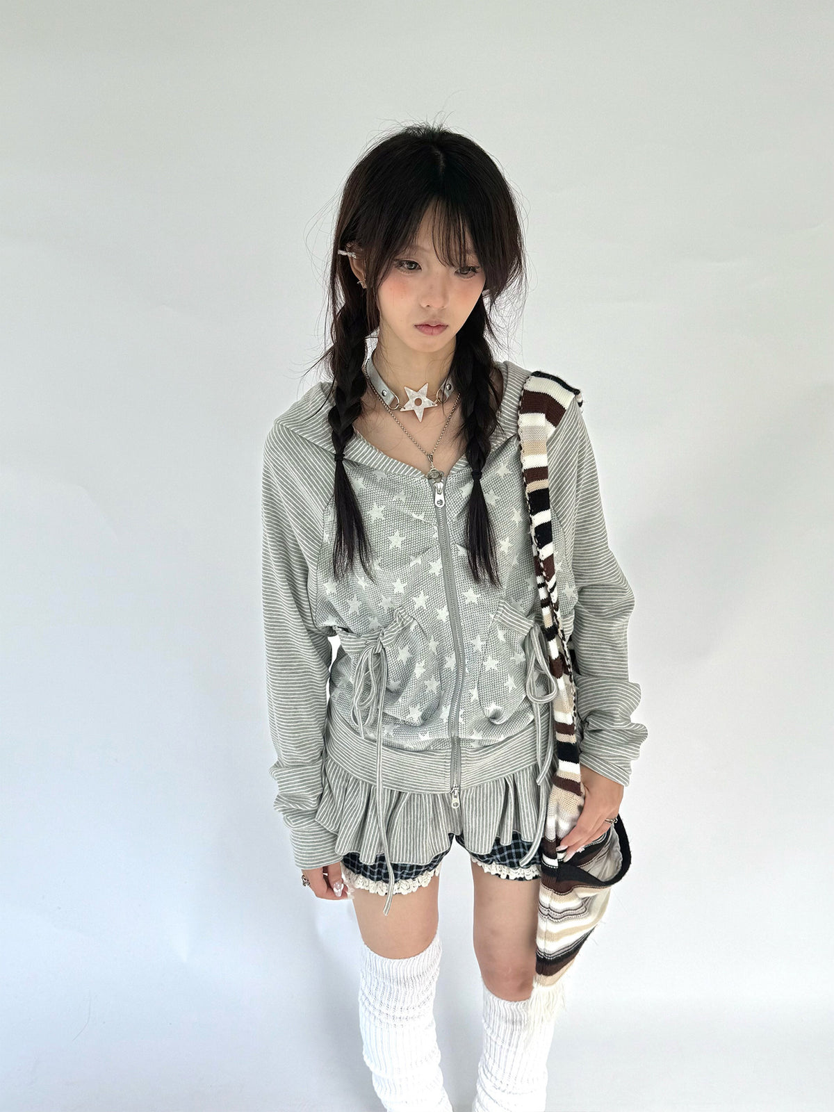 Star Ruffle Drawstring Zip-Up Hoodie