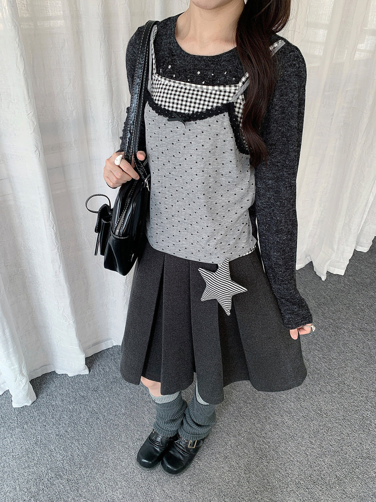 Black Gray Layered Gingham Cami Long Sleeve Top